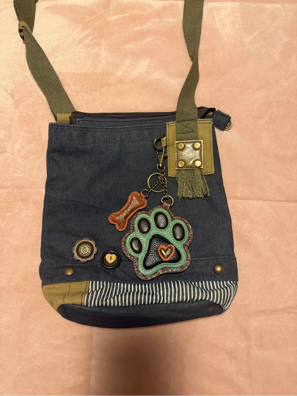Chala Navy Canvas Crossbody Bag with Olive Strap and Dog Paw Charm